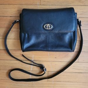 Etienne Aigner Vintage Purse Crossbody Leather Black Small Magnet Close Flap